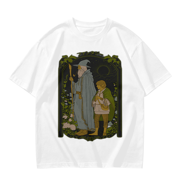 Olive T-Shirt with Wizard and Hobbit Fantasy Art Print