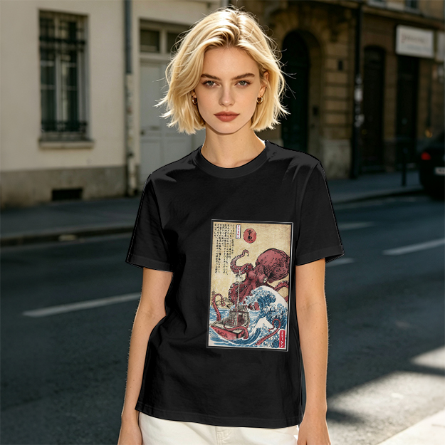 Olive T-shirt with Japanese octopus and wave woodblock print
