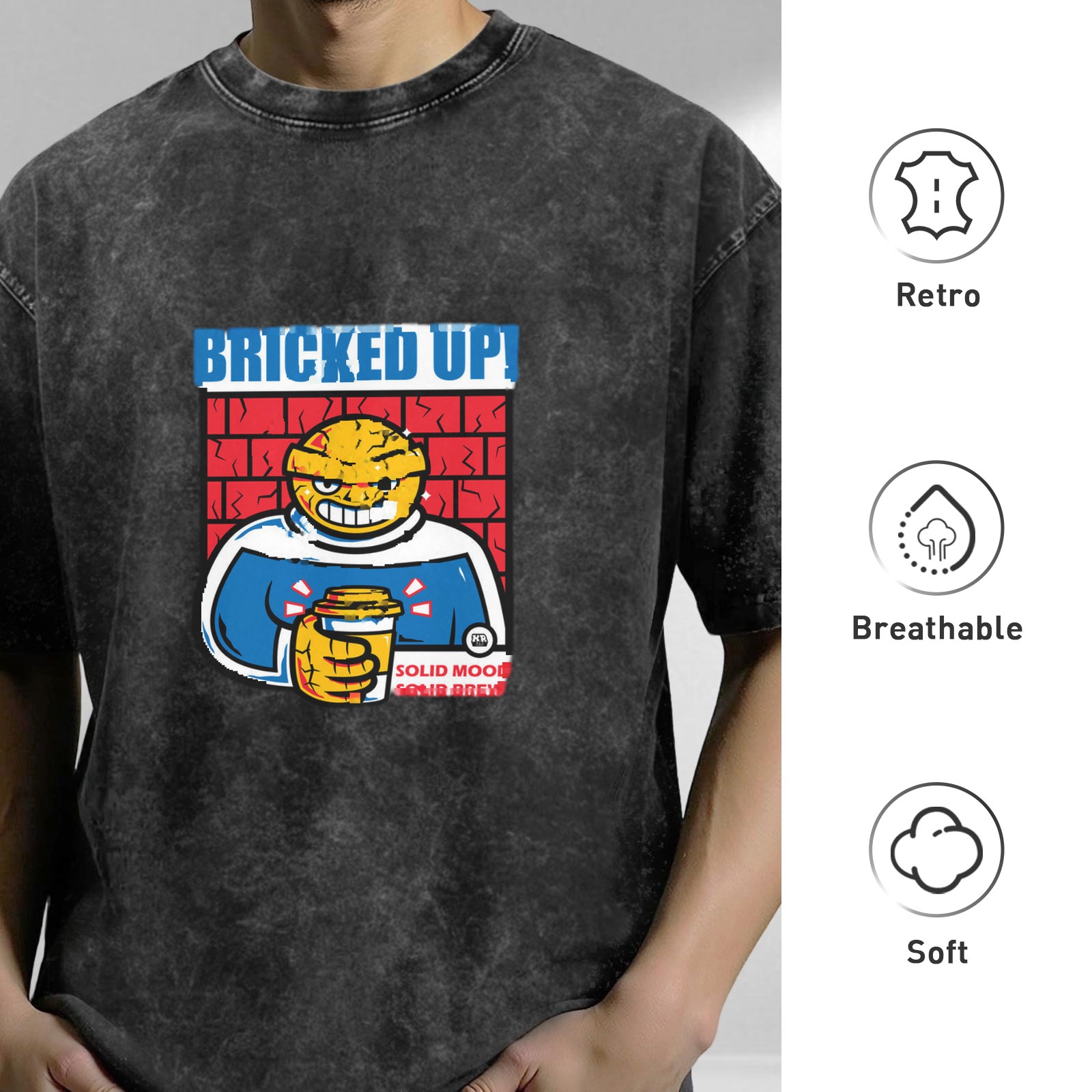 Oversized acid wash t-shirt with brick-themed cartoon graphic