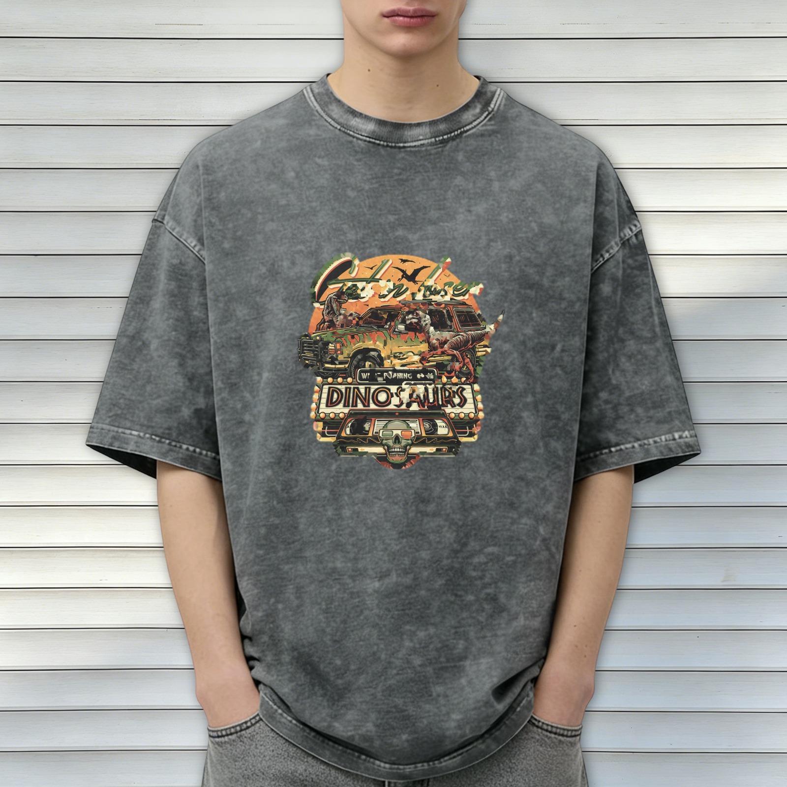Vintage Washed Black Dinosaur Graphic T-Shirt for Men, Retro Jurassic Themed Short Sleeve Tee