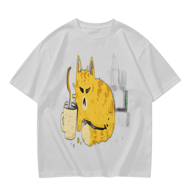 Olive T-Shirt With Grumpy Cat Holding Hot Coffee Print