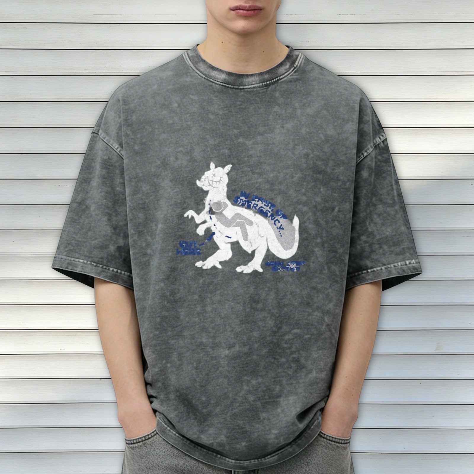 Oversized Acid Wash Graphic T-Shirt with Dinosaur Print