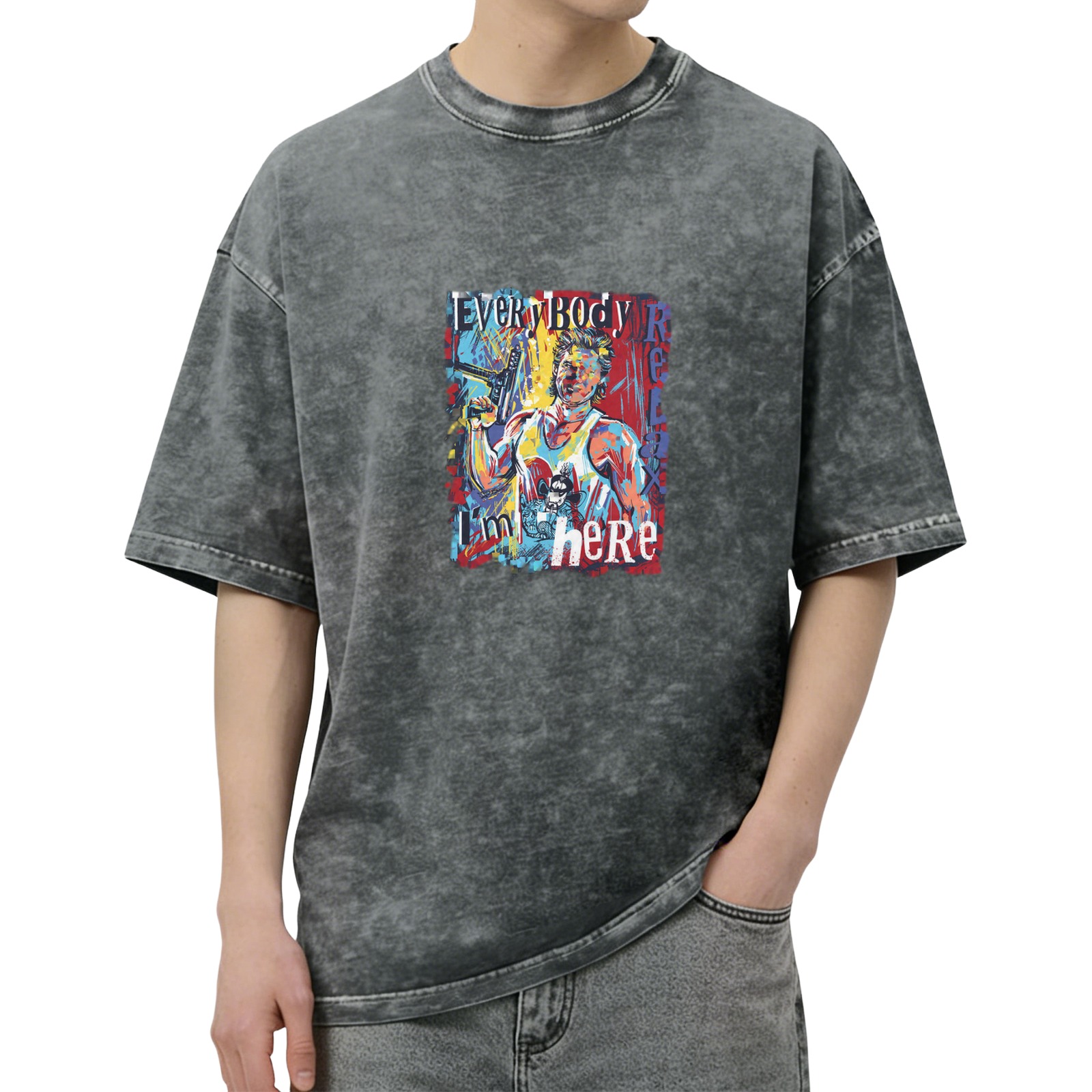 Washed Black Graphic T-Shirt with Everybody Relax I'm Here Art Print
