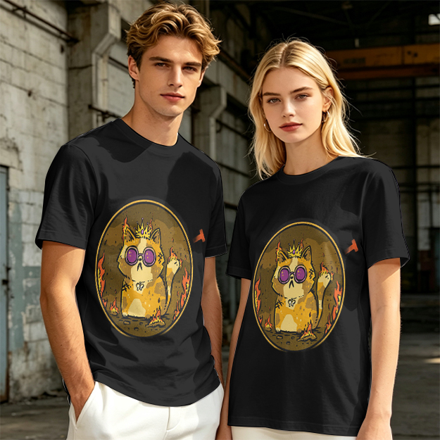 Olive T-Shirt With Flaming Royal Cat Wearing Sunglasses Print