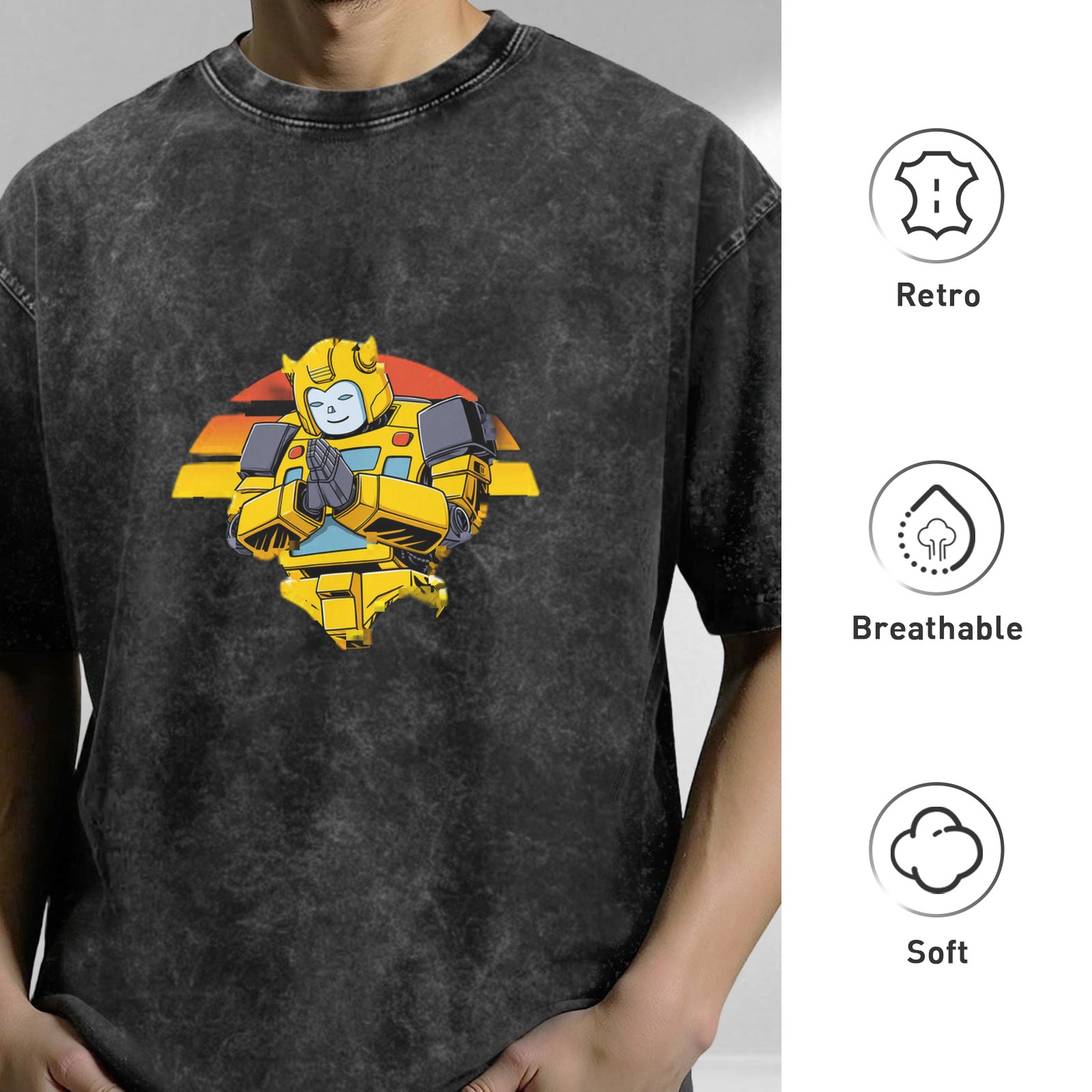 Oversized Acid Wash T-Shirt With Meditating Bumblebee Graphic