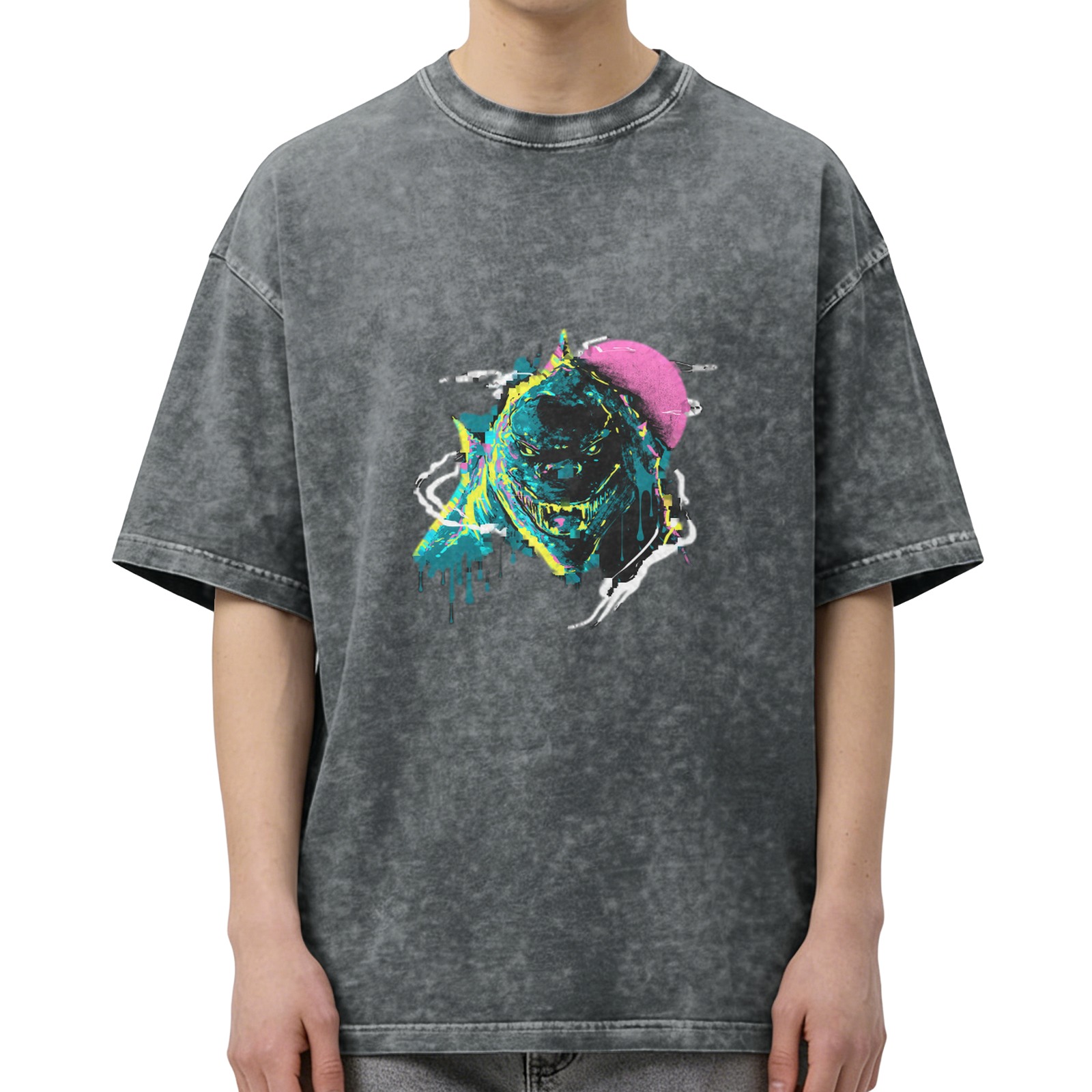 Oversized Acid Wash T-Shirt With Neon Monster Graphic Print