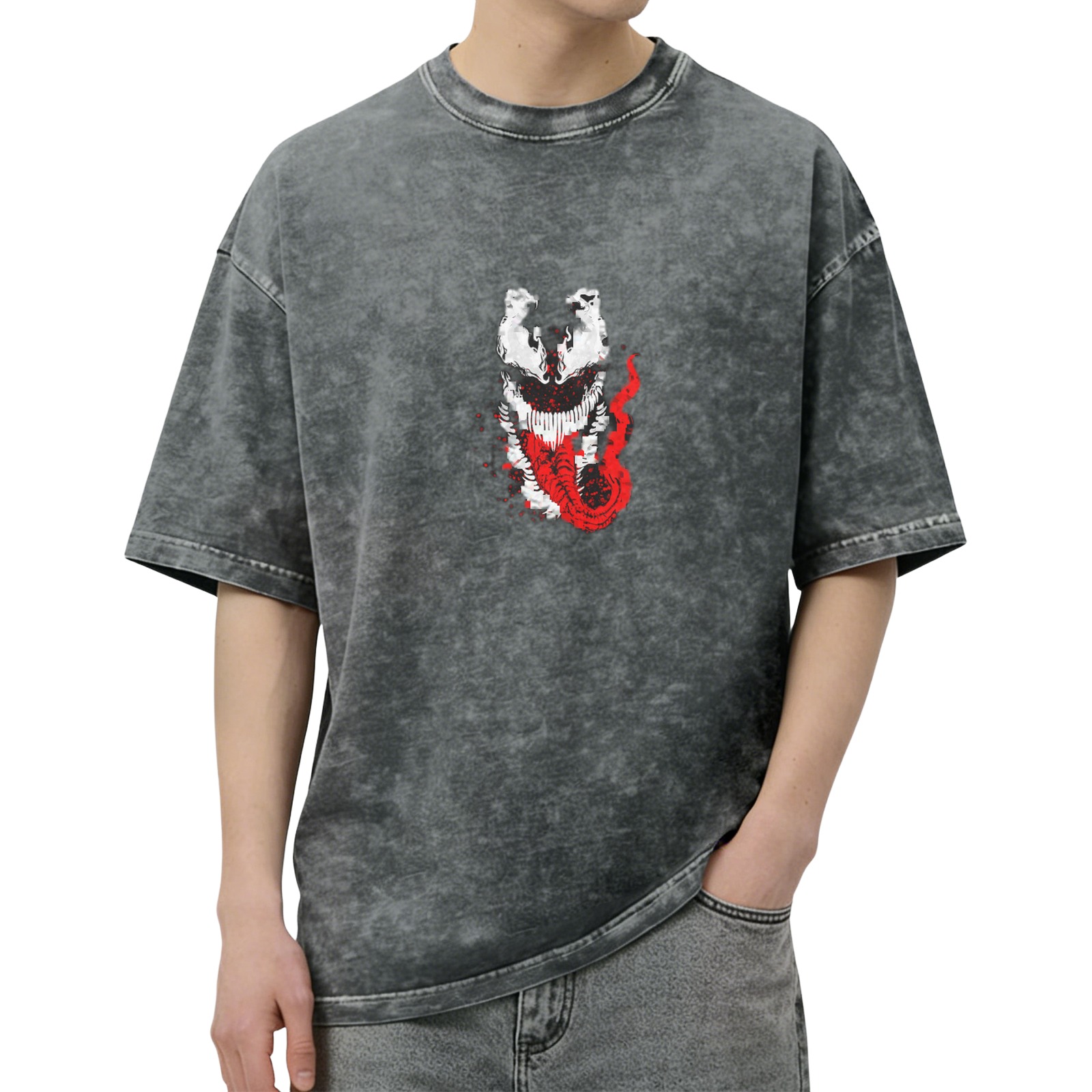 Oversized Acid Wash T-Shirt with Venom Graphic Print