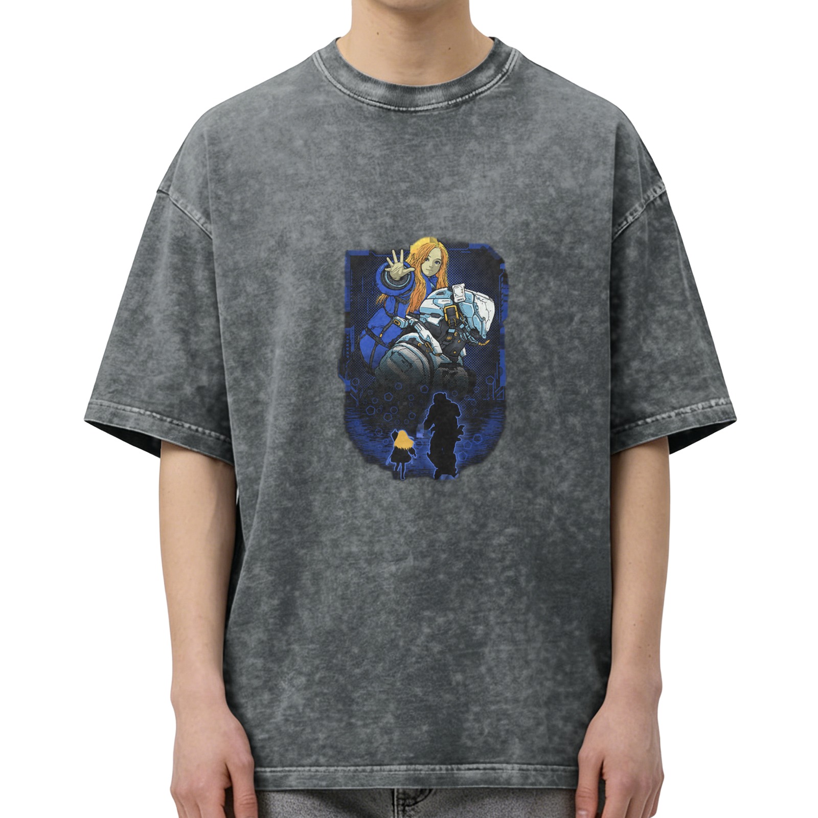 Washed Black T-Shirt With Sci-Fi Anime Character Graphic Print