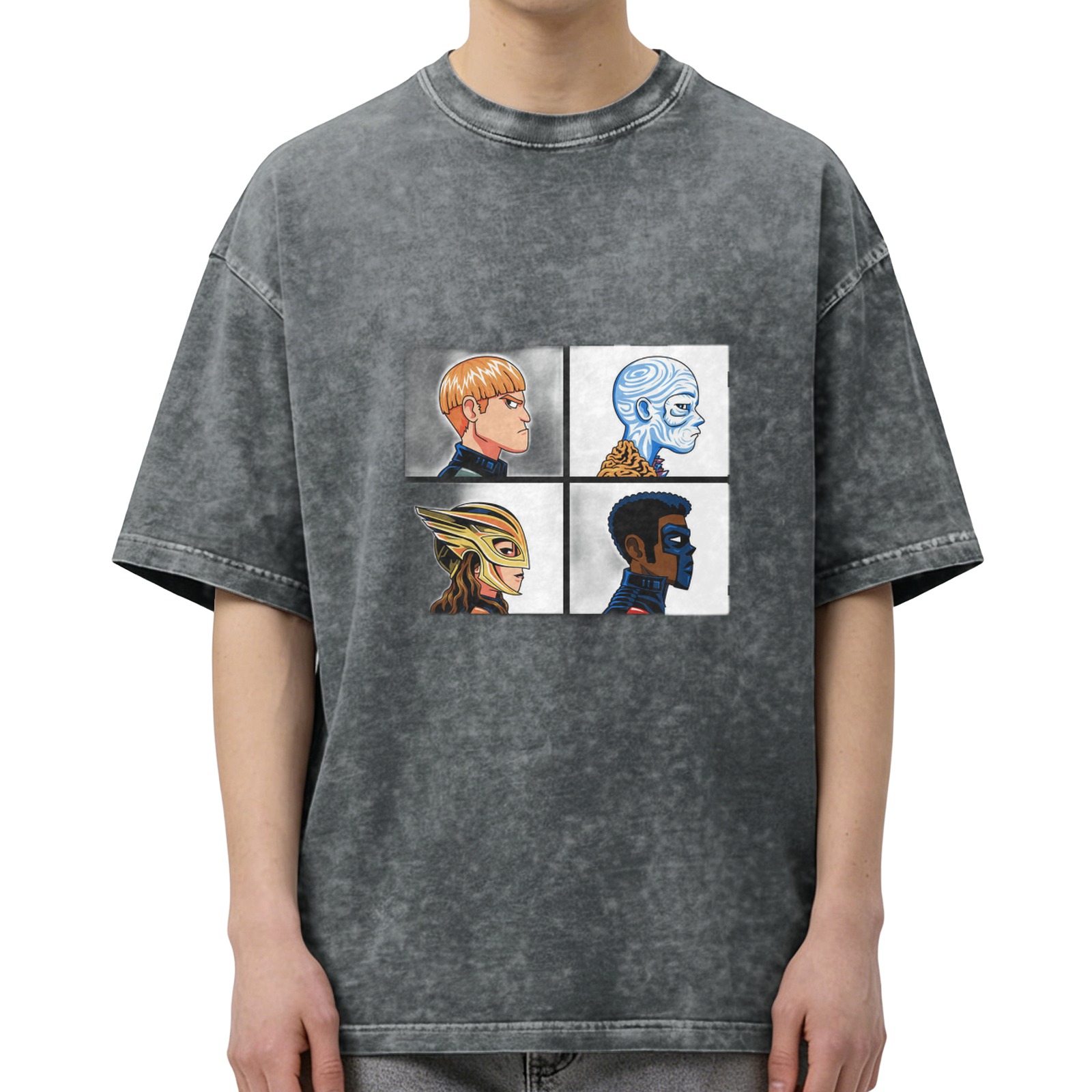 Oversized Dark Wash T-Shirt With Four Superhero Character Portraits