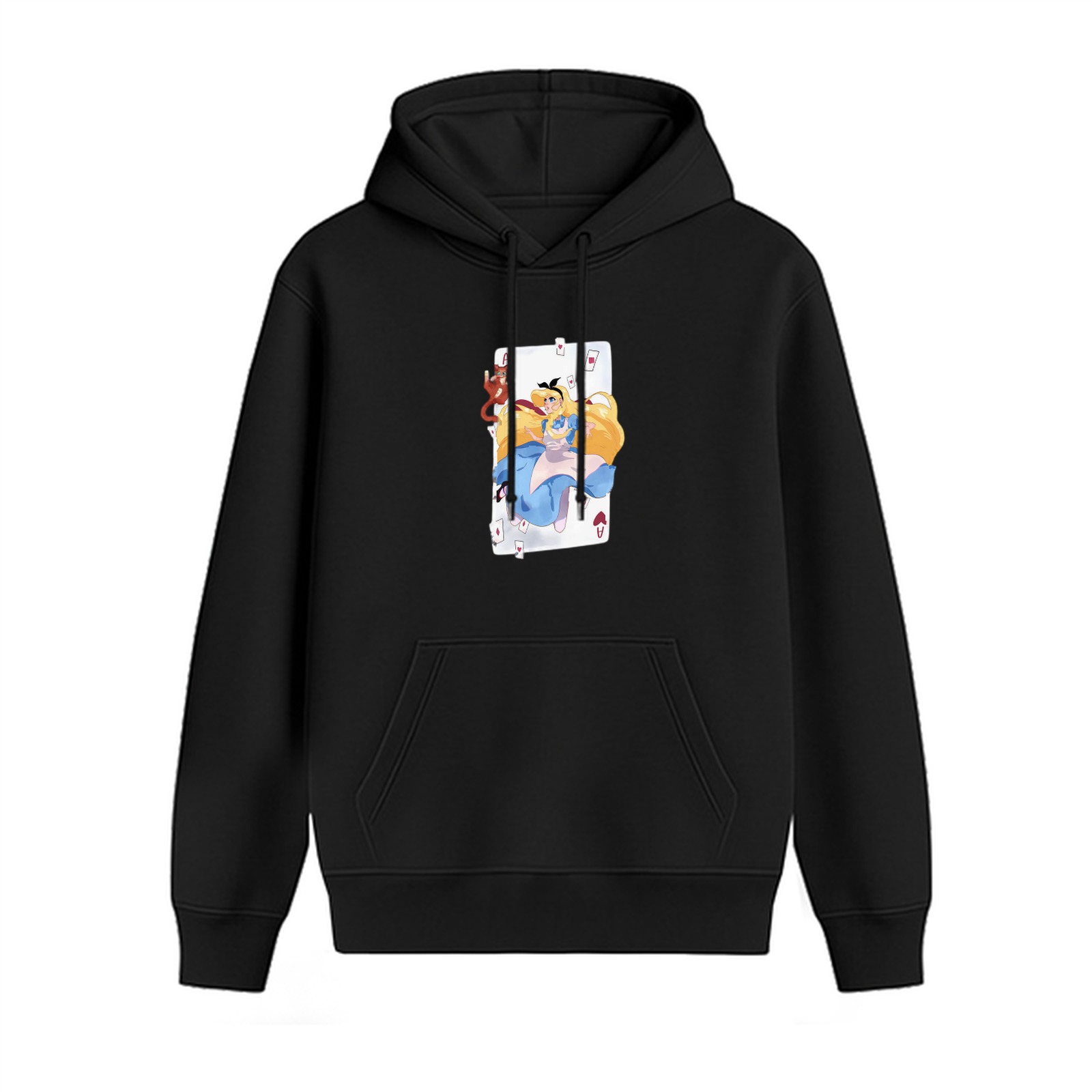 Black hoodie with Alice in Wonderland playing card graphic