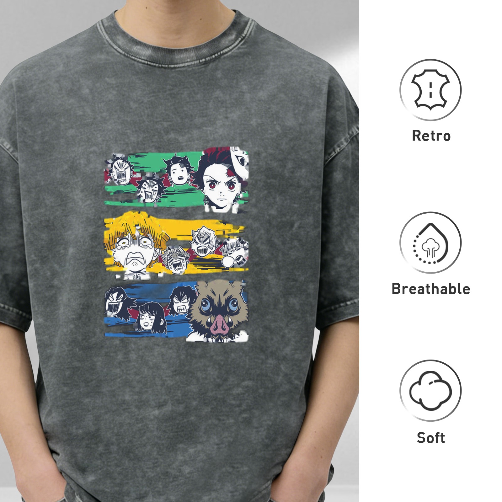 Demon Slayer Anime Character Graphic Oversized Stone Wash T-Shirt