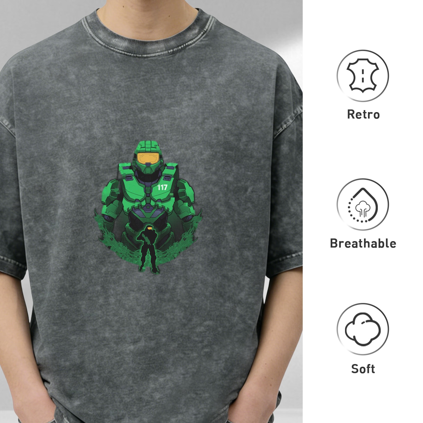 Oversized Dark Wash T-Shirt With Master Chief 117 Graphic