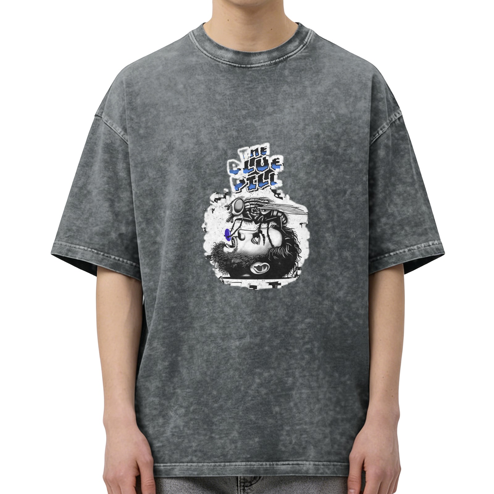 Oversized Acid Wash T-Shirt With The Blue Pill Fly Graphic Print