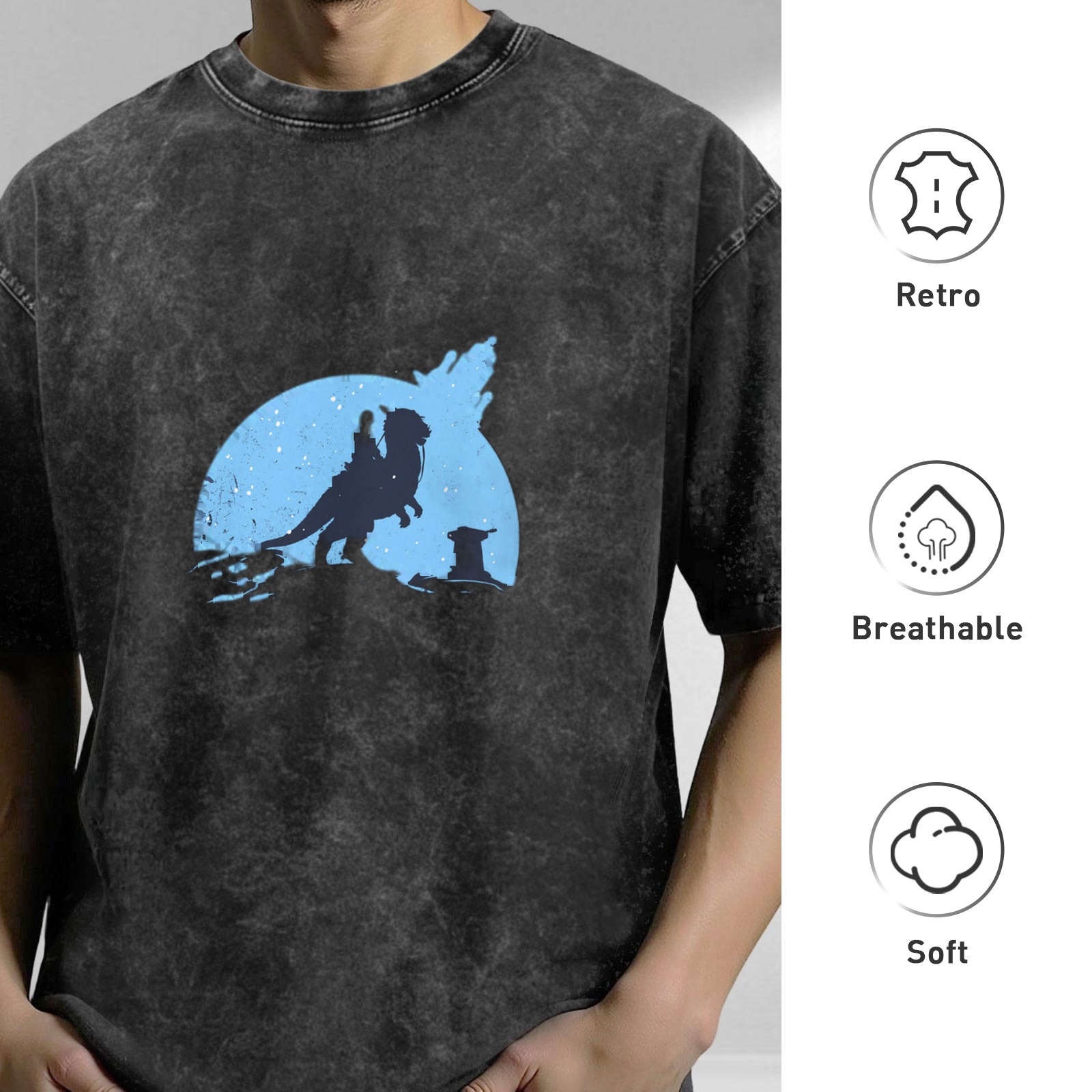 Washed Black T-Shirt With Sci-Fi Creature Rider Silhouette Graphic