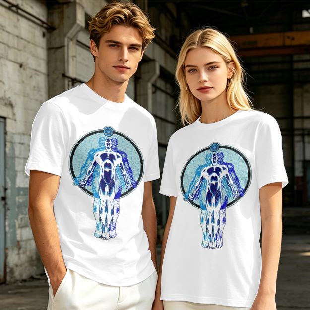 Olive T-Shirt with Glowing Blue Superhero Figure Graphic