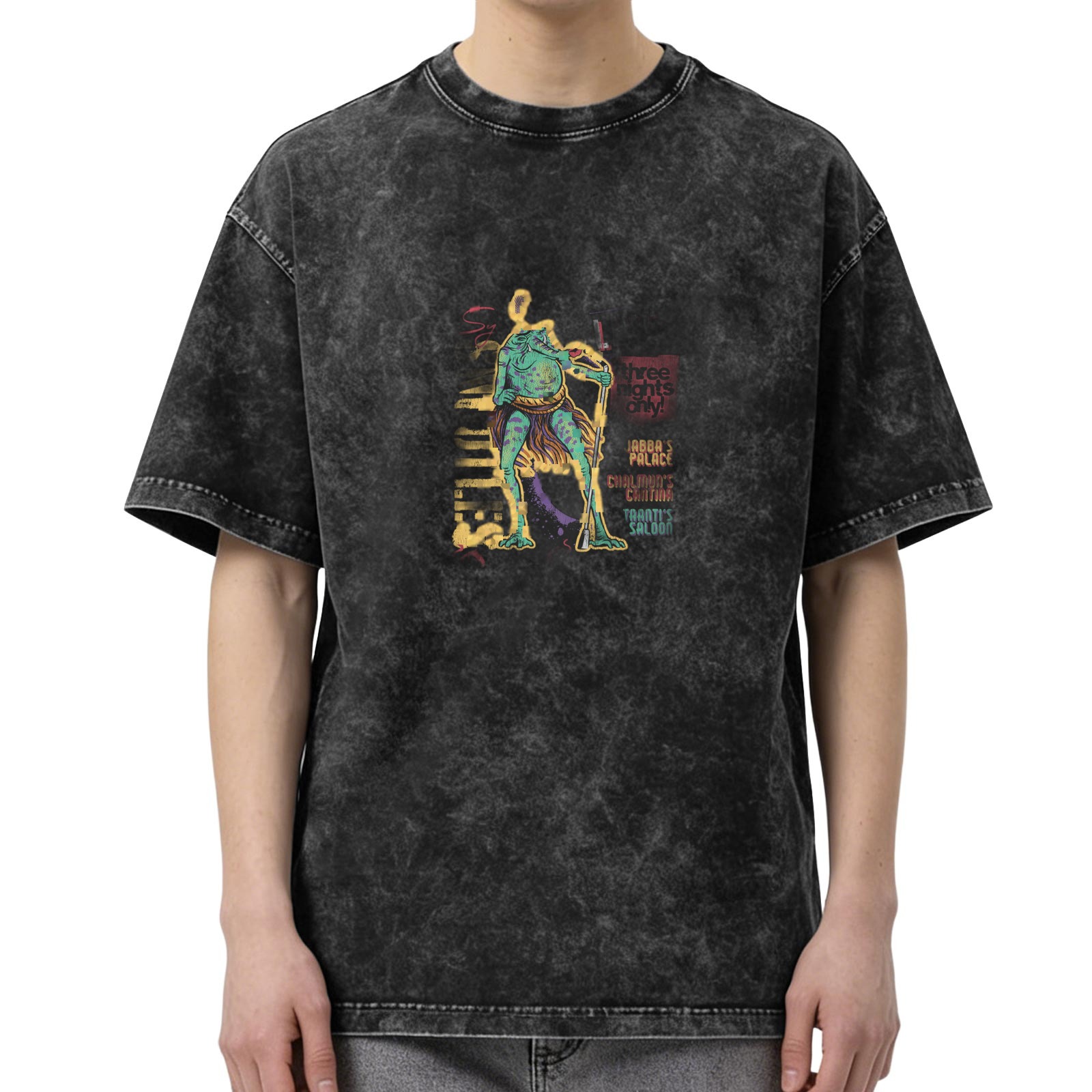 Oversized Acid Wash Graphic T-Shirt with Alien Creature Print