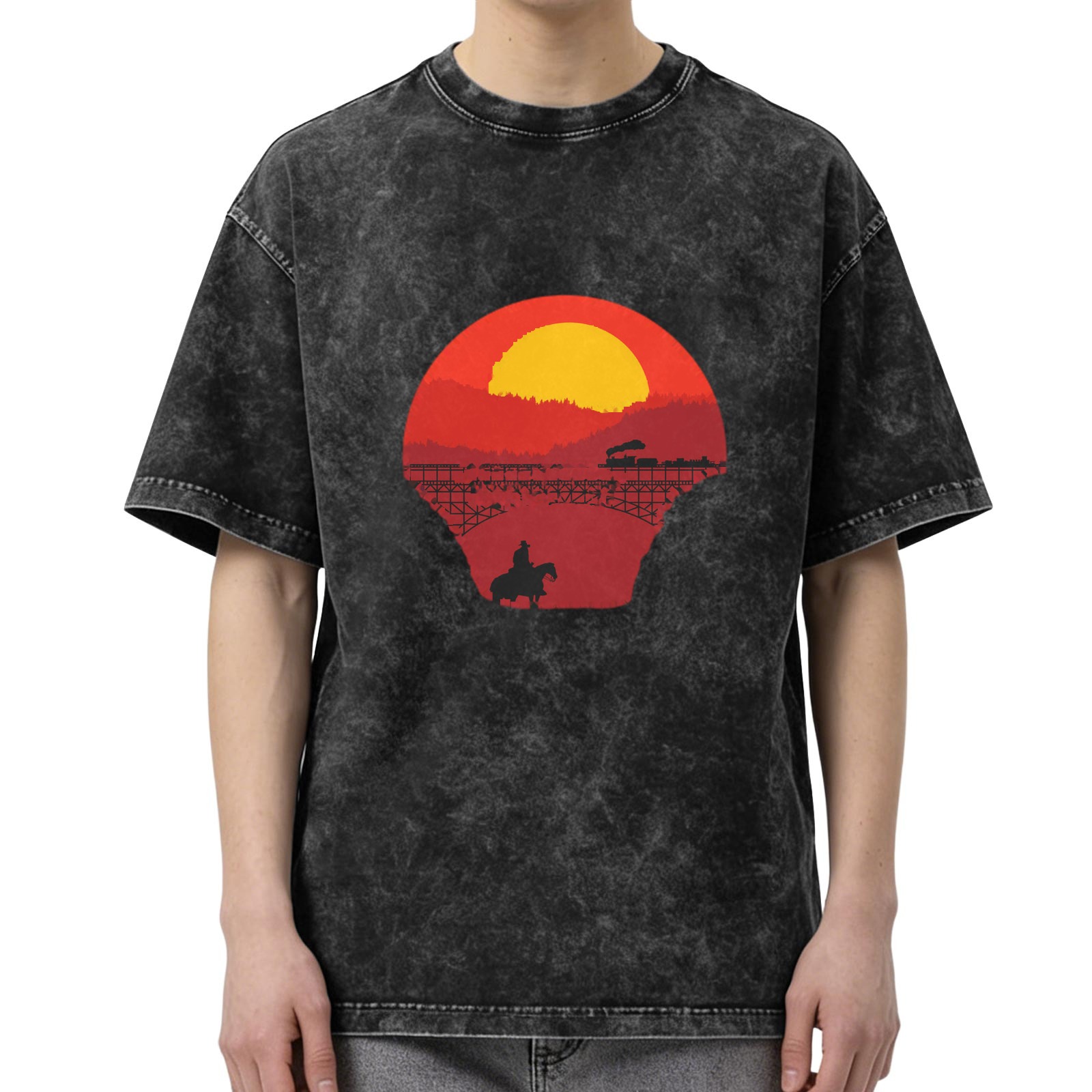 Washed Black T-Shirt with Western Sunset Cowboy and Train Graphic