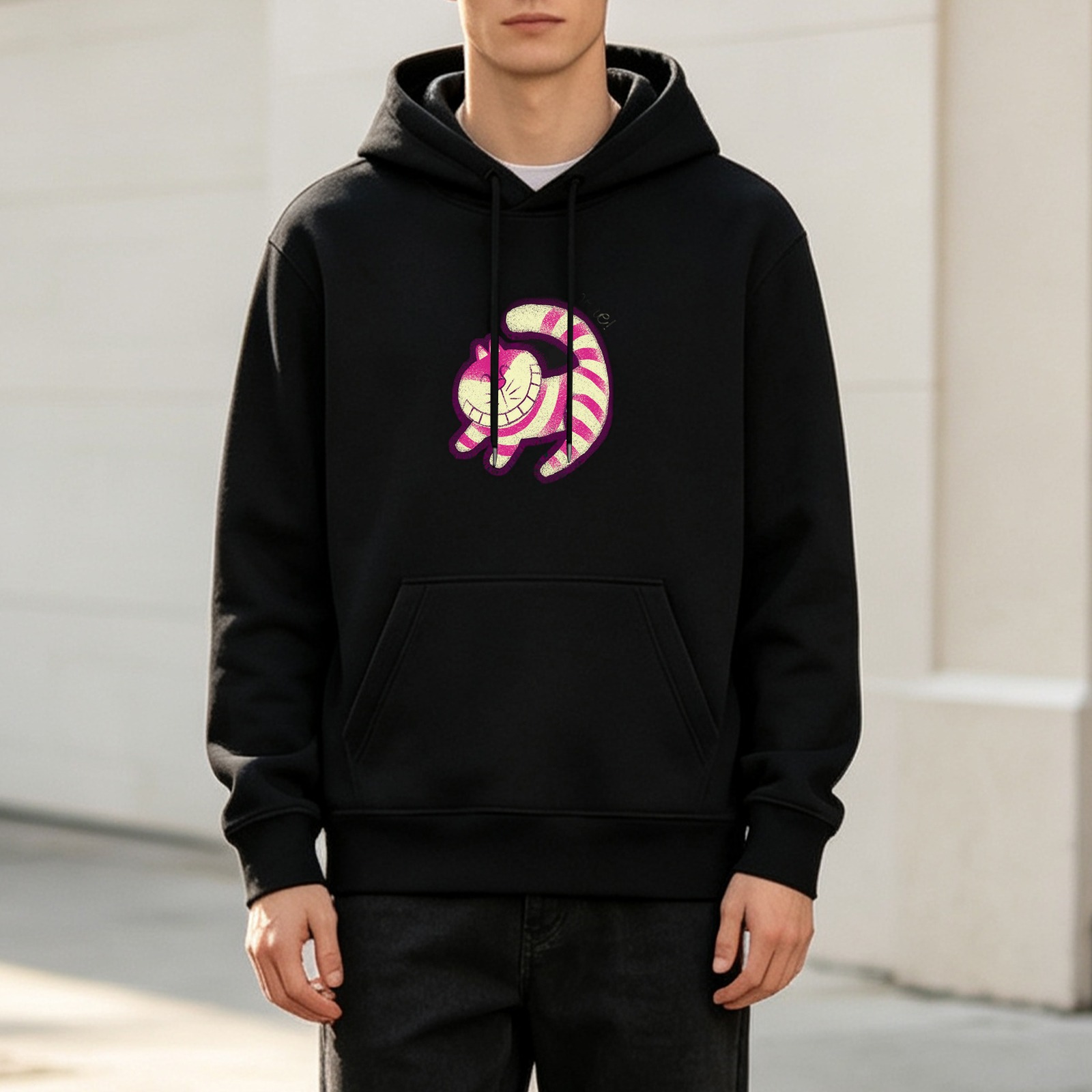 Black Hoodie with Cheshire Cat Graphic Print