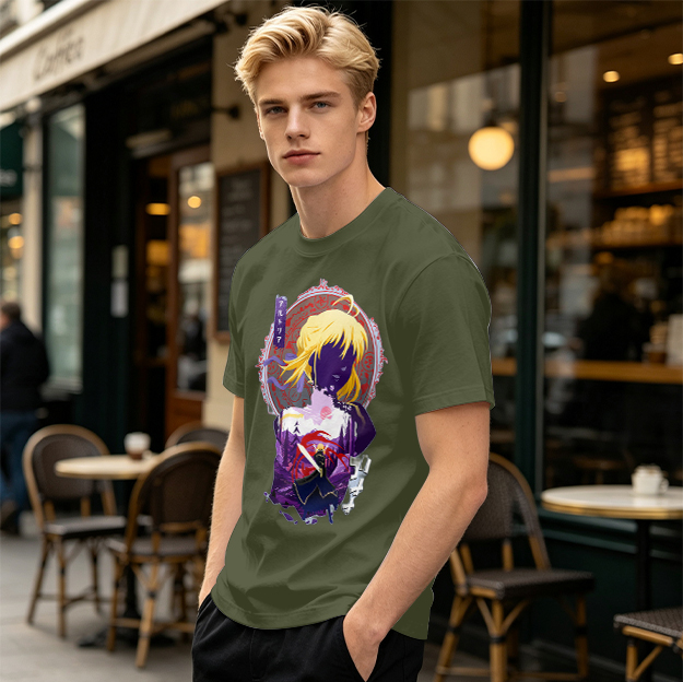 Olive green anime graphic t-shirt with Saber character print