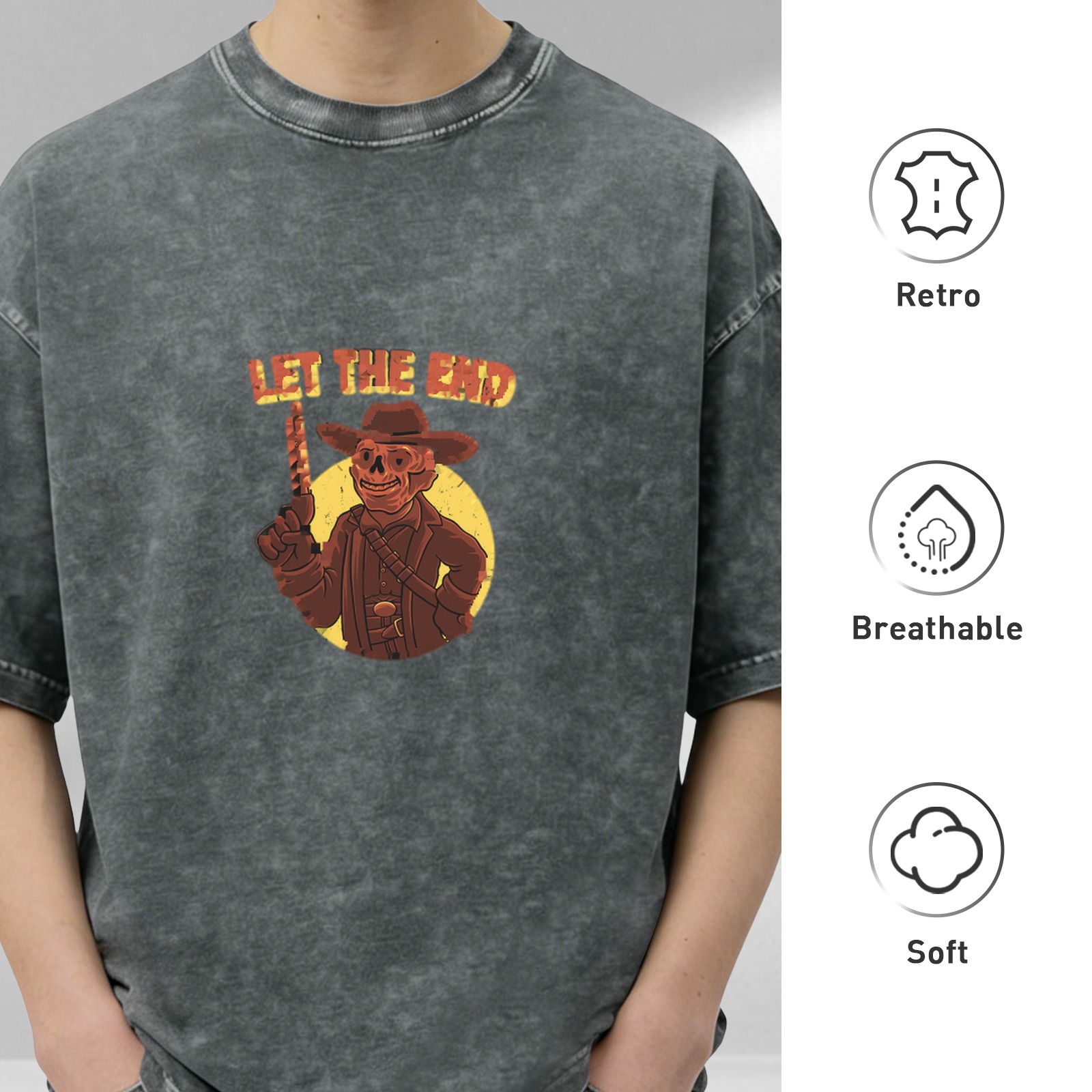 Washed Black T-Shirt With Skeleton Cowboy Graphic Print