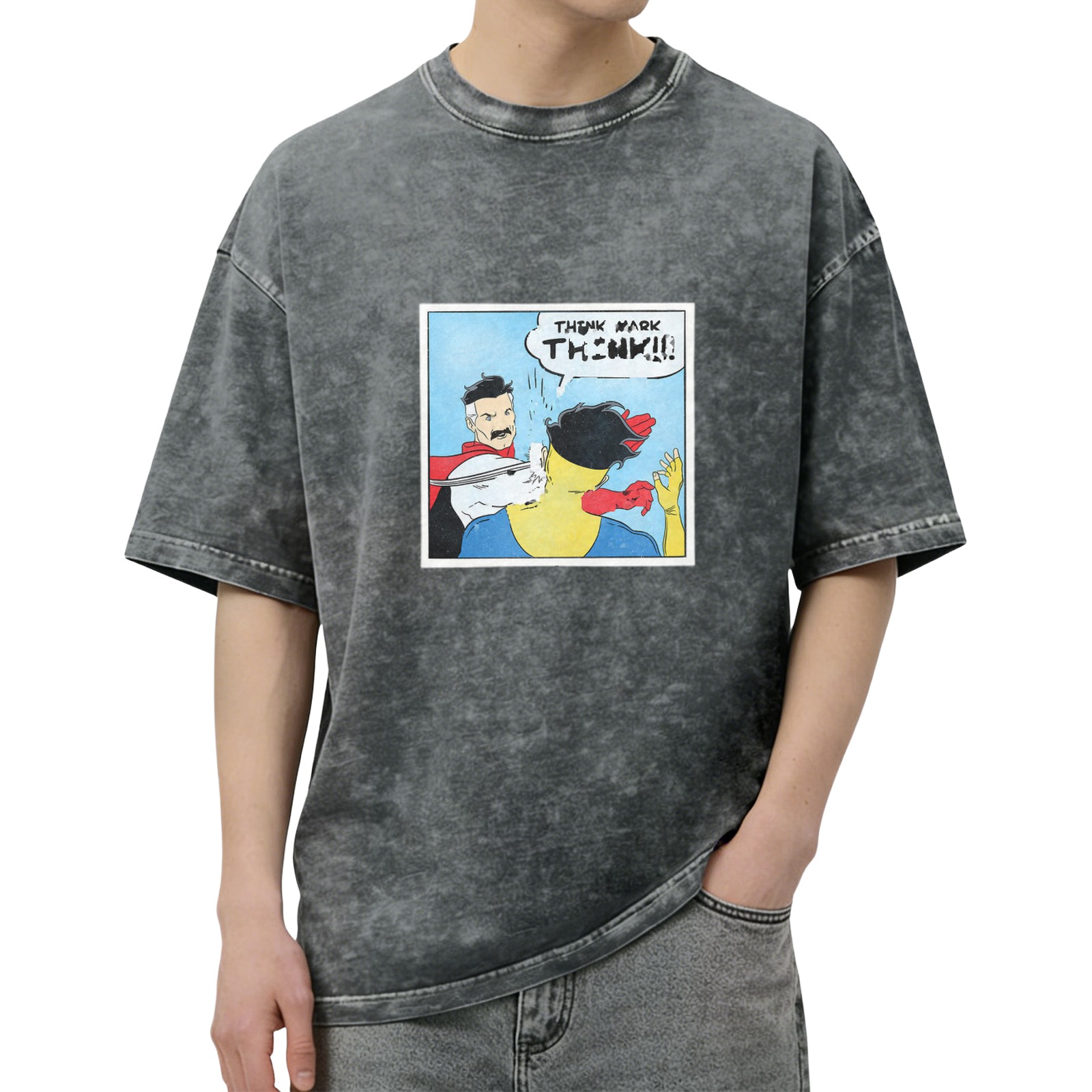 Oversized dark wash t-shirt with Invincible comic panel print