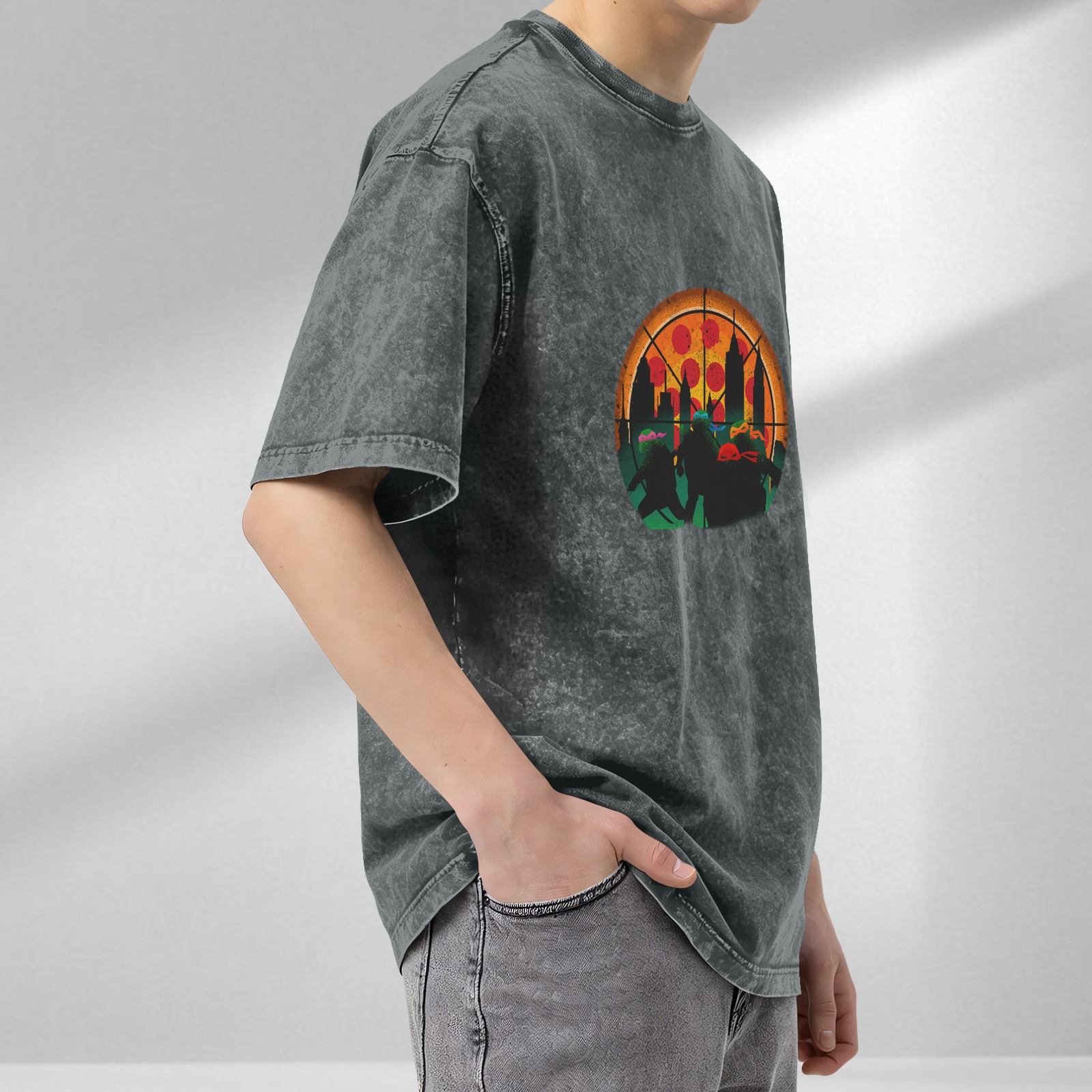 Teenage Mutant Ninja Turtles Pizza City Silhouette Acid Wash T-Shirt