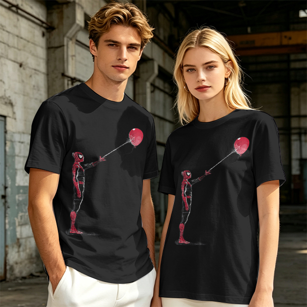 Olive T-shirt with Spider-Man Holding Red Balloon Graphic