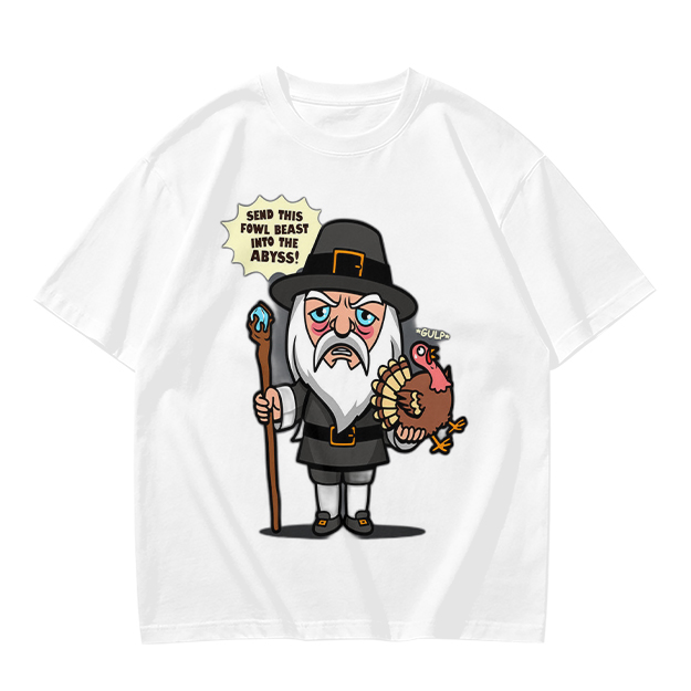 Wizard Pilgrim Holding Turkey Funny Thanksgiving T-Shirt Design