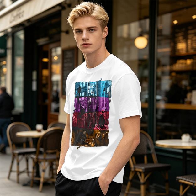 Olive T-Shirt With Vibrant Neon City Alley Graphic Print