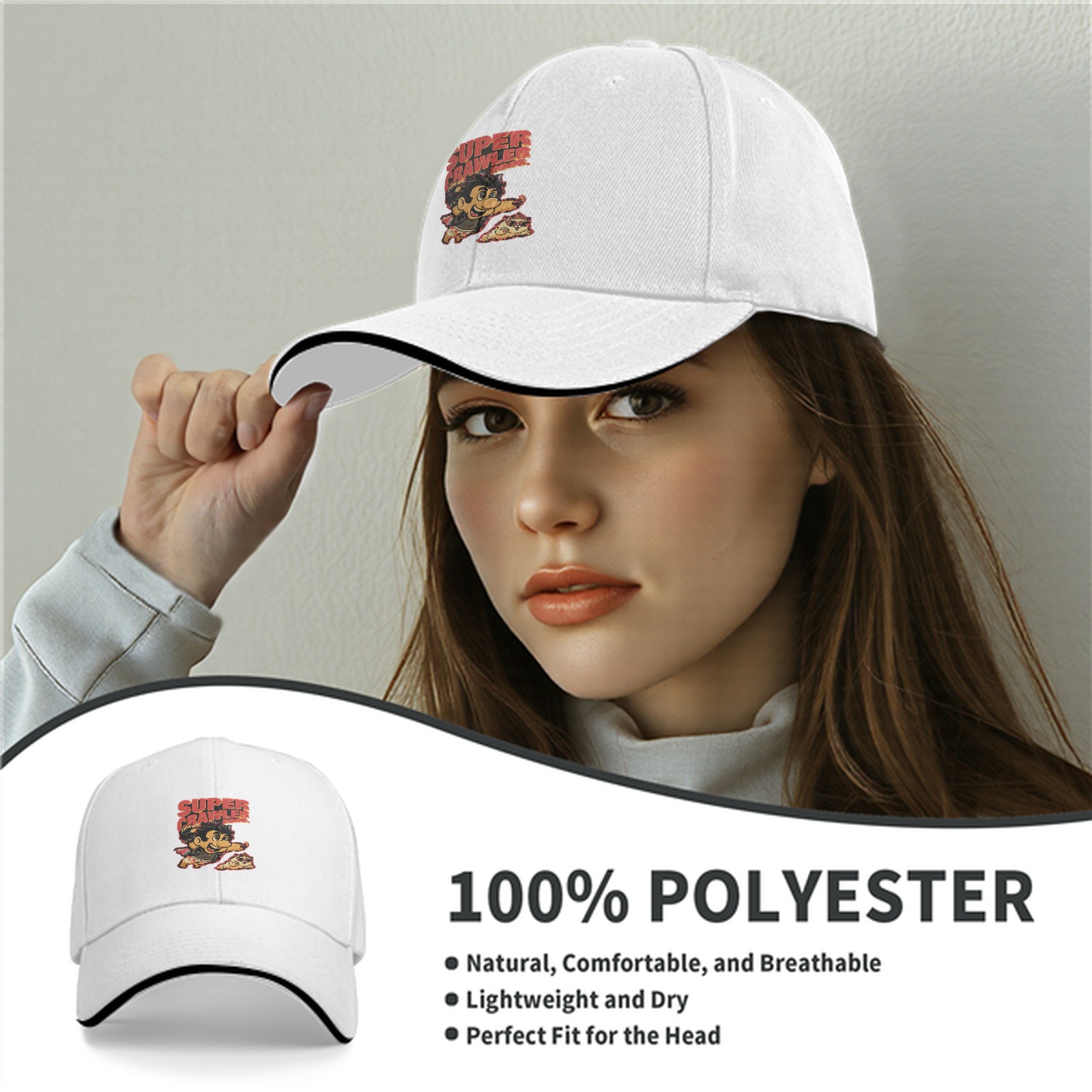 Black baseball cap with Super Crawler pizza-themed cartoon graphic