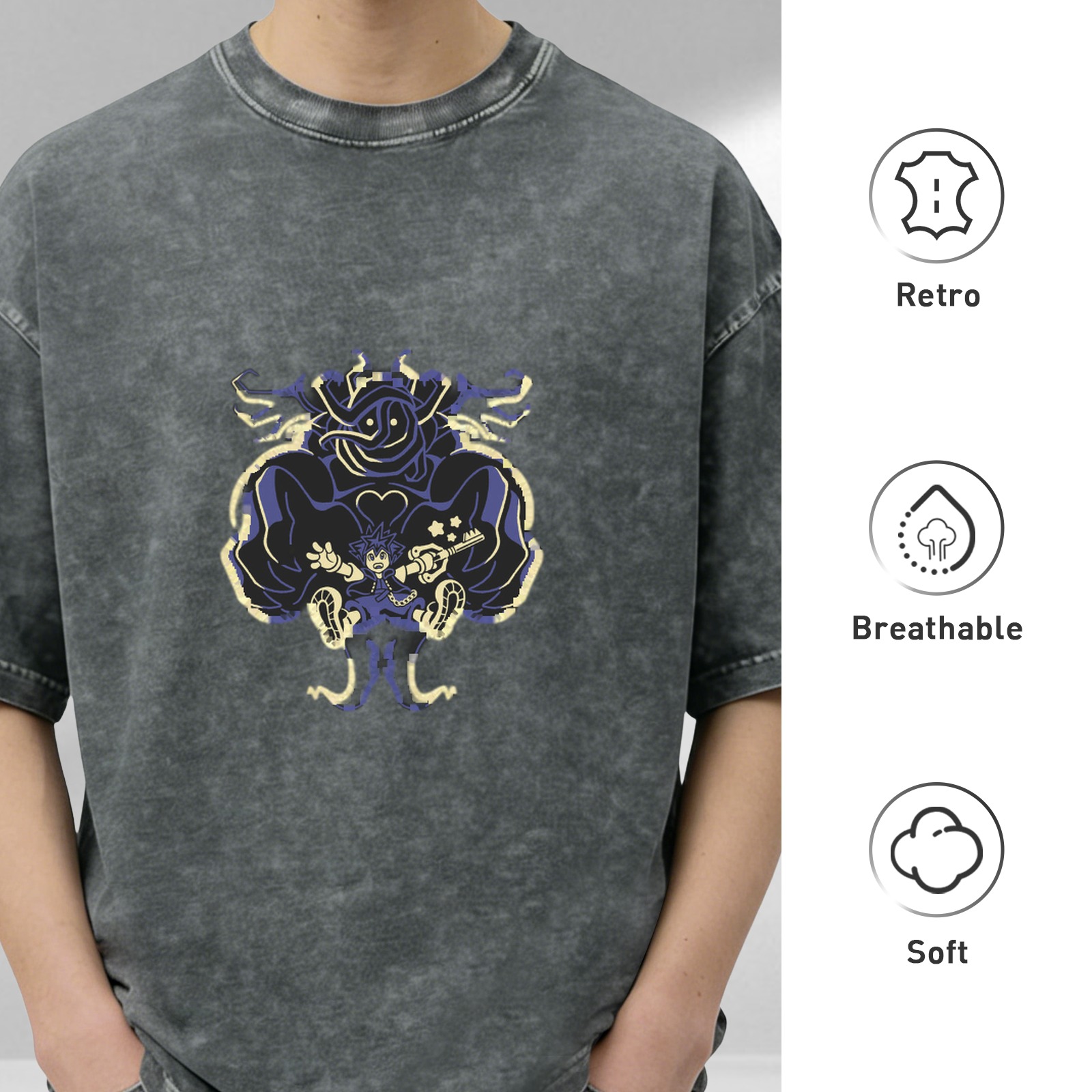 oversized washed black graphic t-shirt with fantasy character print
