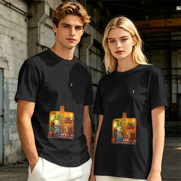Olive T-Shirt With Cozy Dog In Room Graphic Print