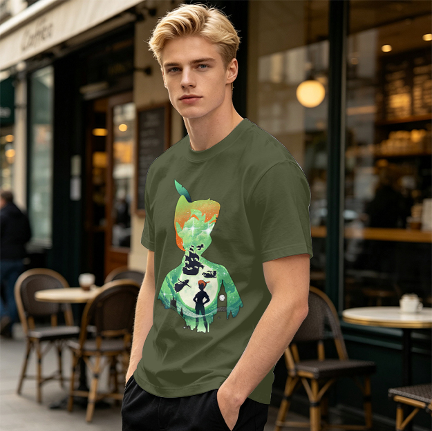 Olive T-shirt with Peter Pan Silhouette Artwork