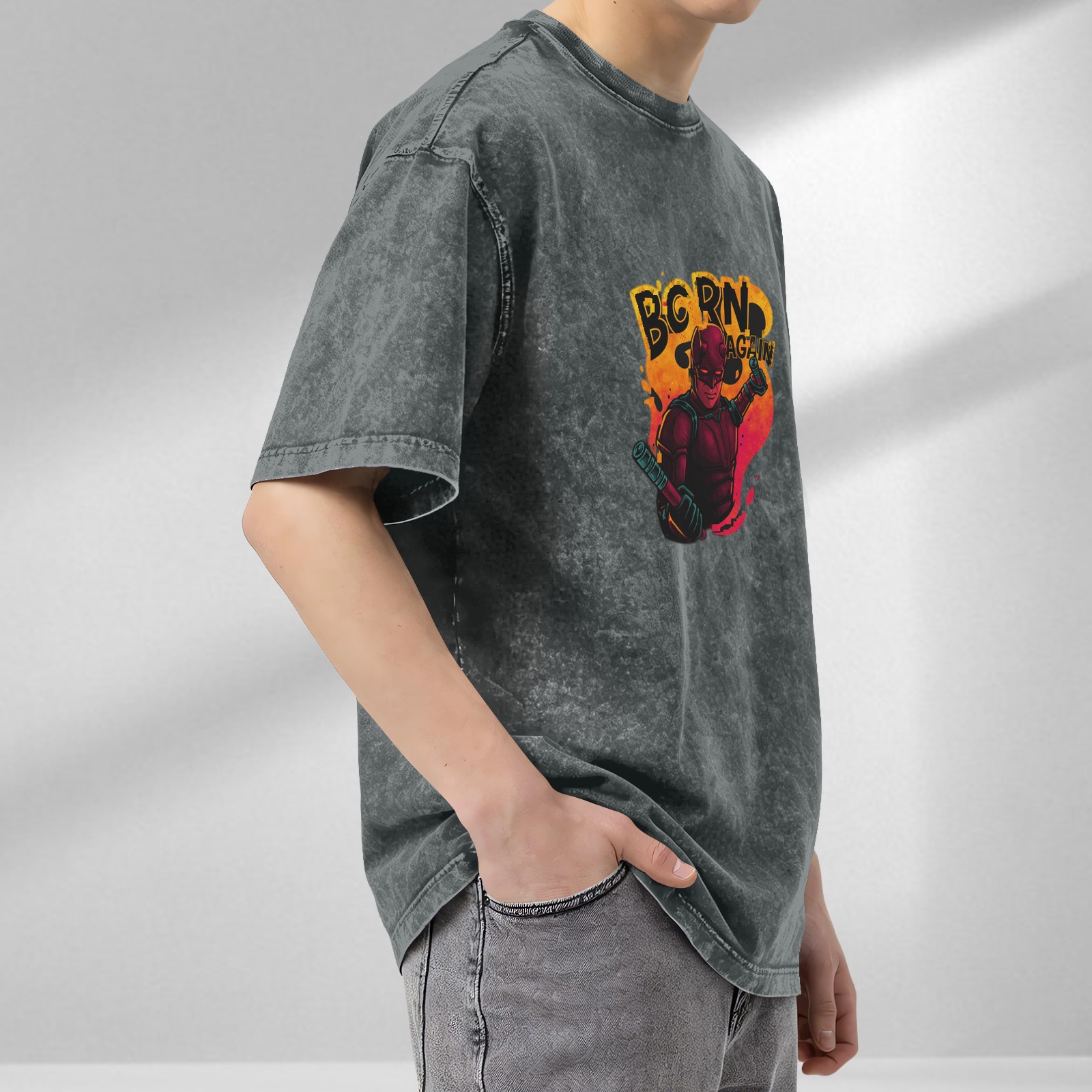 Oversized Dark Wash T-Shirt With Daredevil Born Again Graphic Print