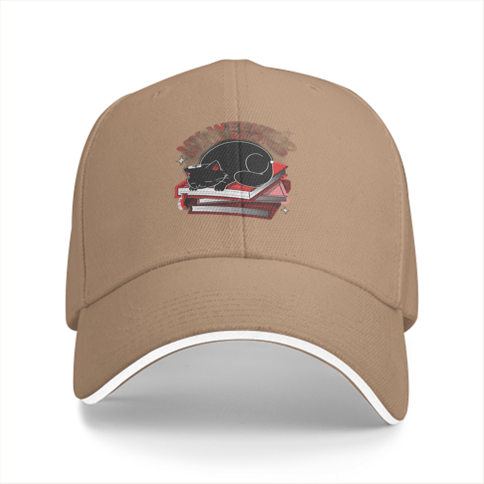 Black Baseball Cap with Sleeping Cat on Books Graphic