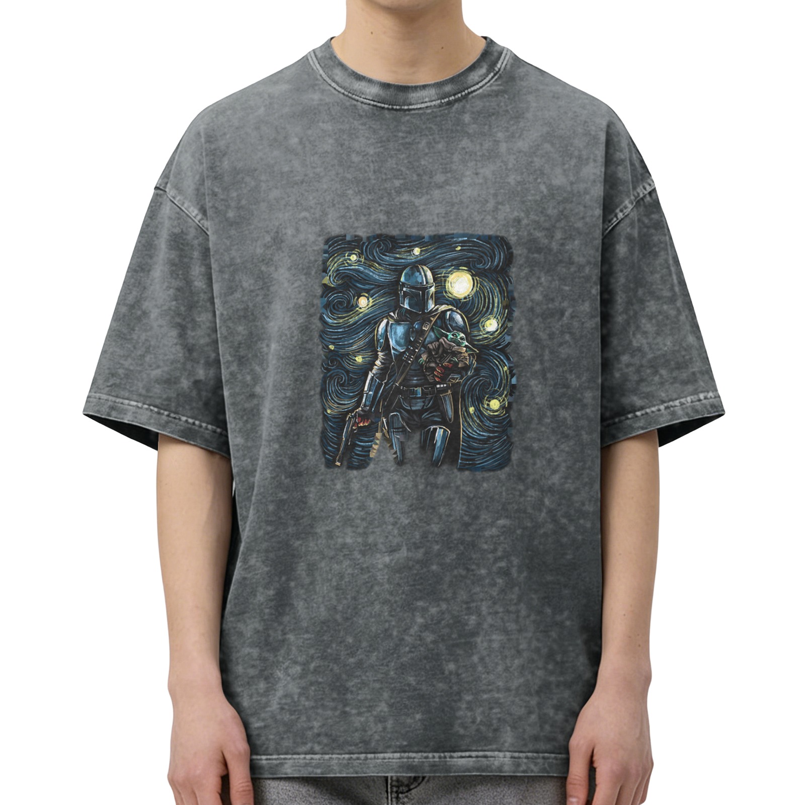 Washed Black T-Shirt With Mandalorian Starry Night Art Print