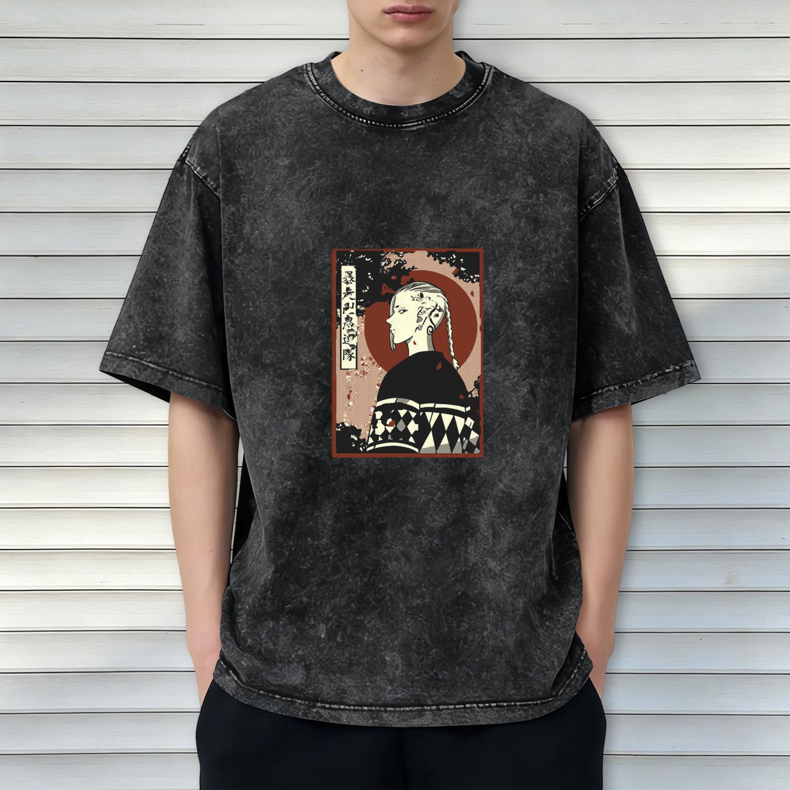 Retro washed black anime character printed short-sleeved T-shirt Street style loose shoulder top
