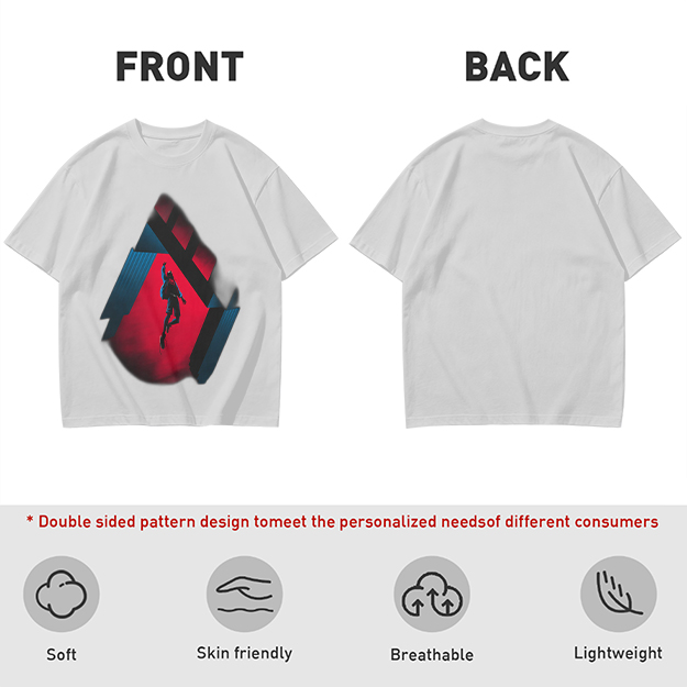 Olive T-shirt with Spider-Man mid-swing over city buildings