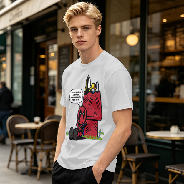 Olive t-shirt with Deadpool and Snoopy mashup graphic