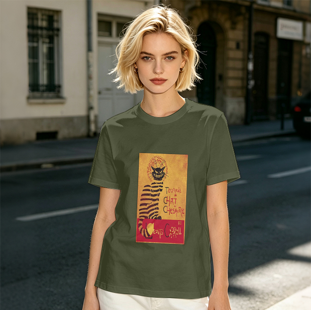Olive T-shirt with Cheshire Cat Tournee Chat Print