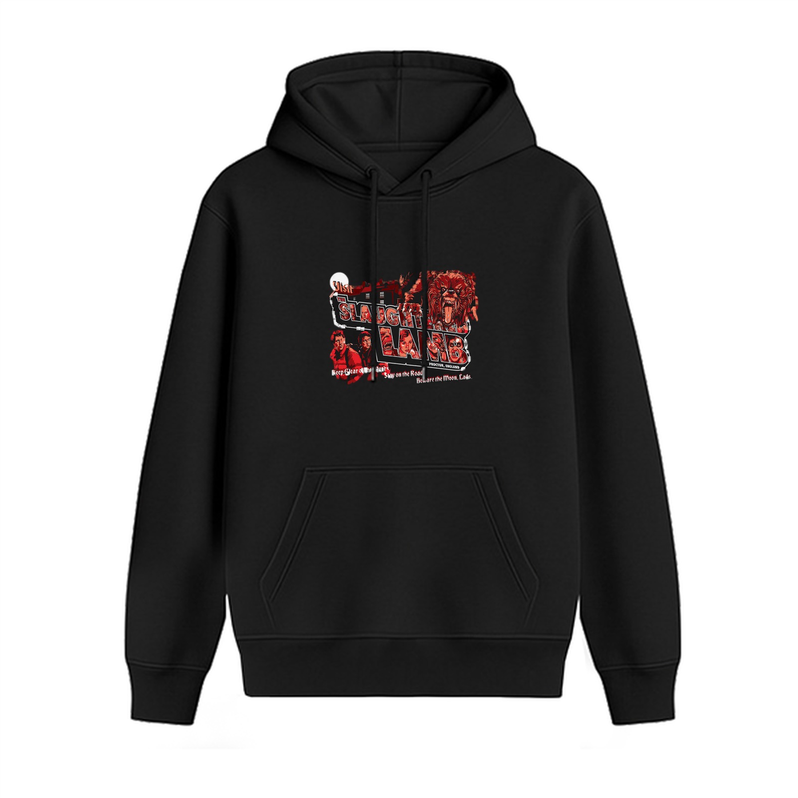 Black hoodie with horror themed graphic print