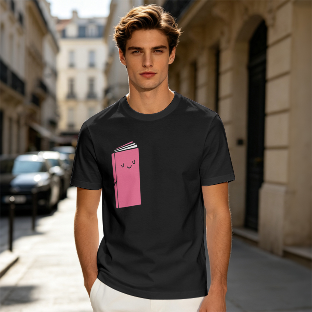 Olive Green T-Shirt With Cute Smiling Pink Book Graphic