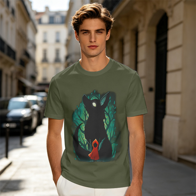 Olive T-Shirt With Dark Wolf And Red Hooded Figure Forest Art Print