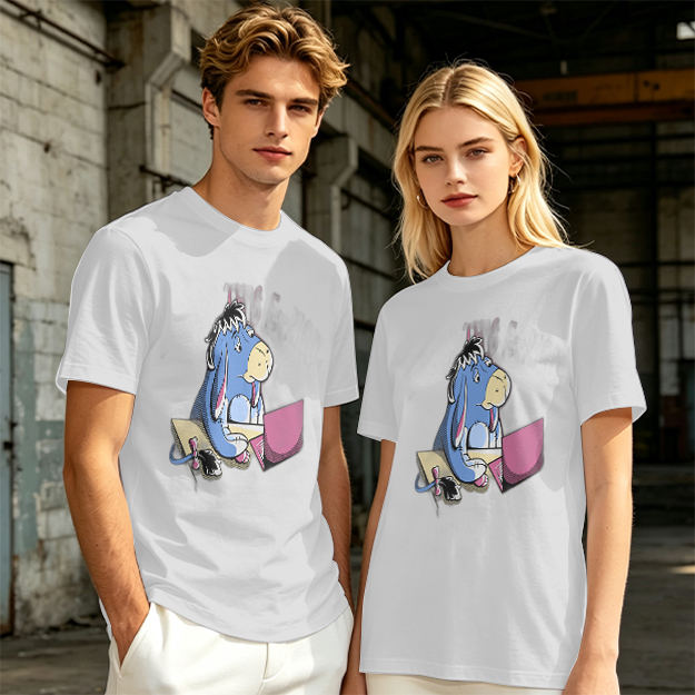 Olive T-Shirt Featuring Eeyore Using a Laptop