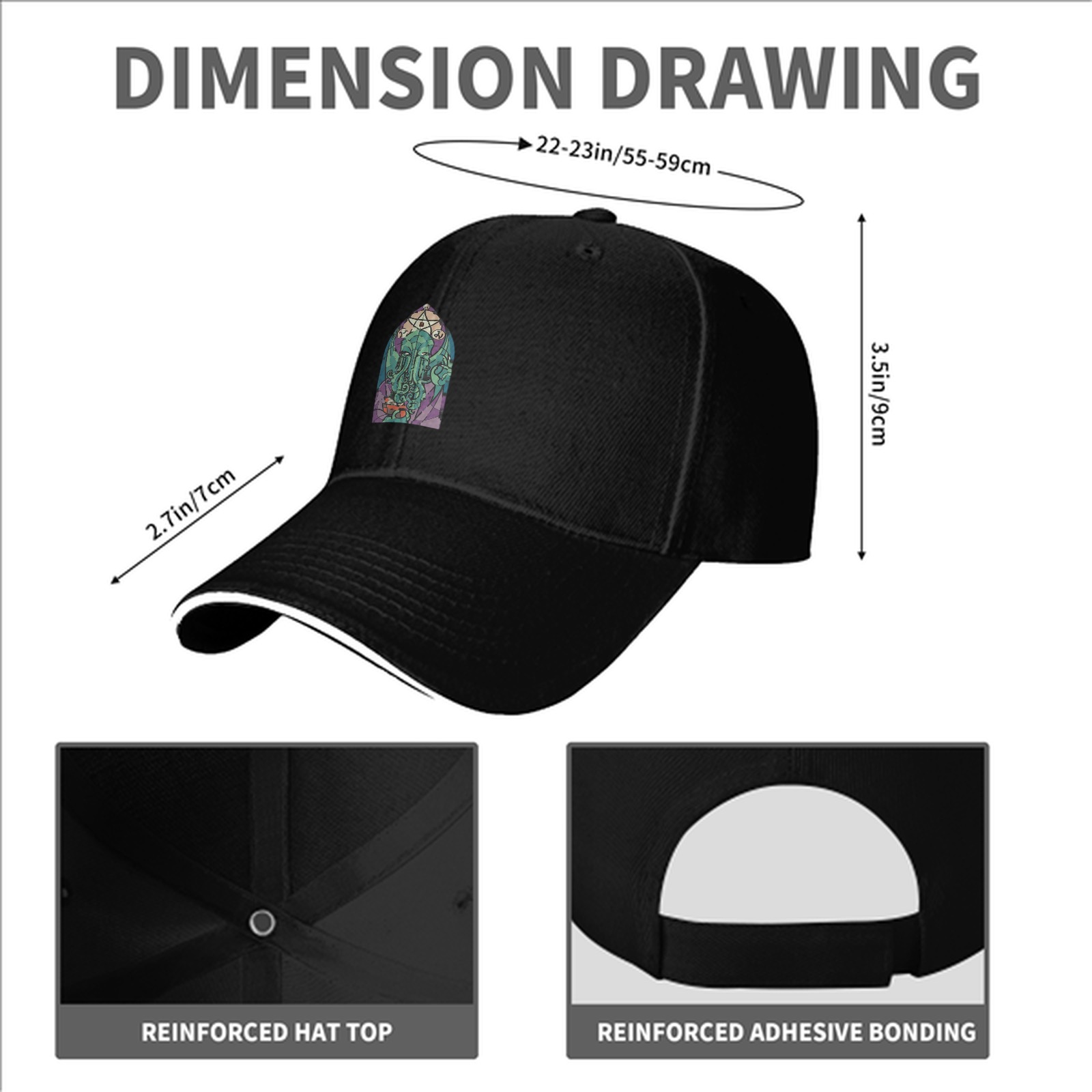 Black Baseball Cap with Cthulhu Stained Glass Style Graphic