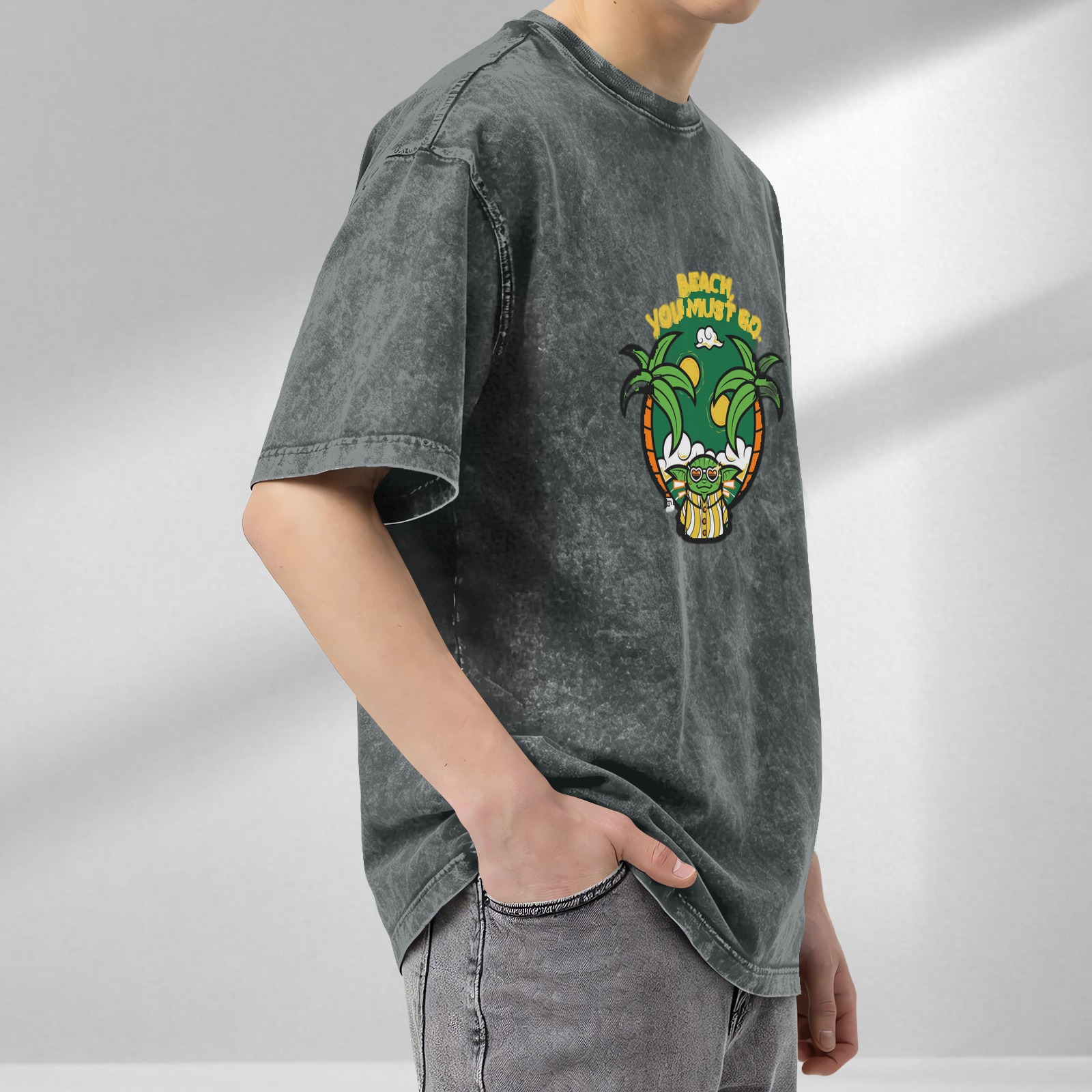 Washed black graphic t-shirt with beach Yoda 'Beach You Must Go' print