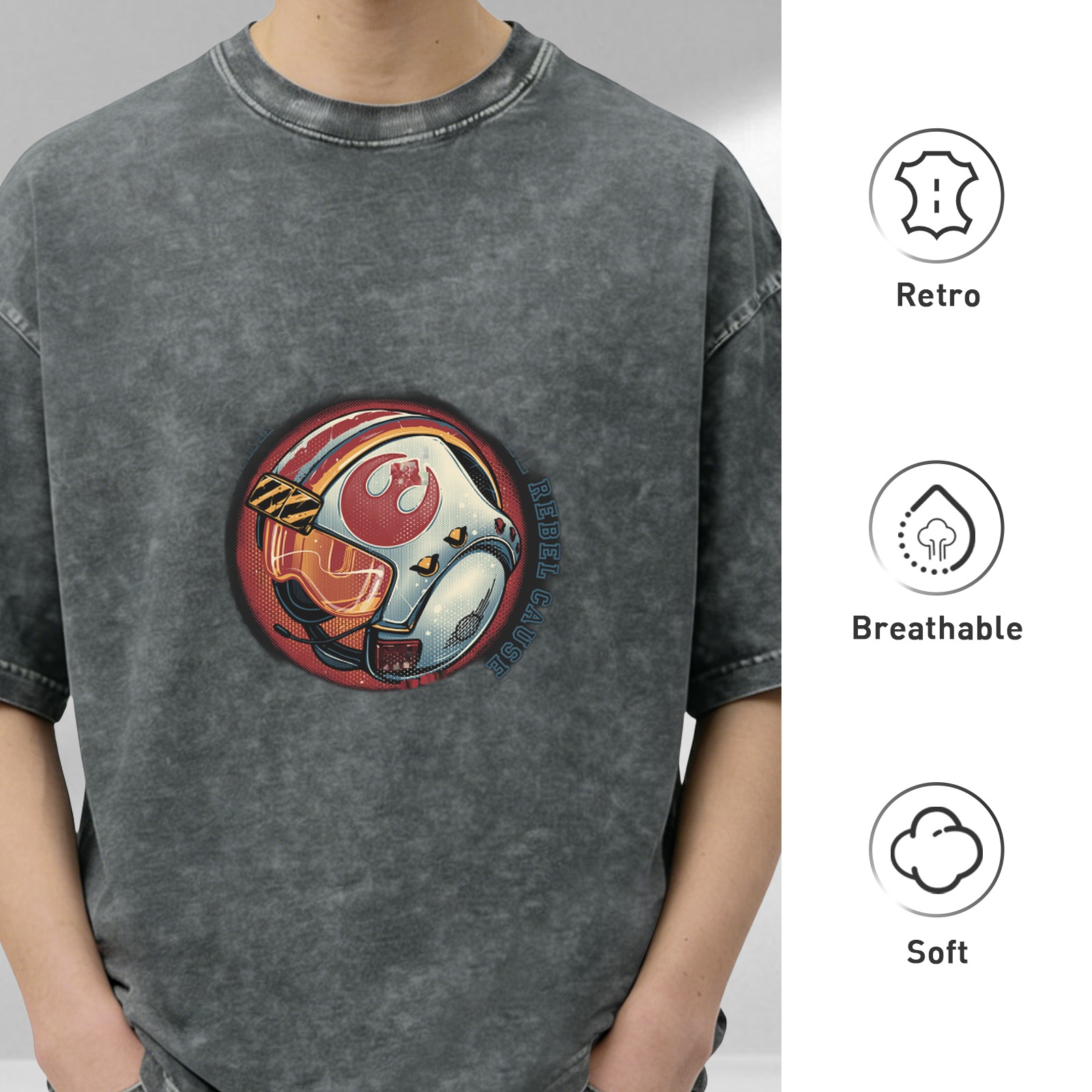 Washed Black T-Shirt With Rebel Pilot Helmet Graphic