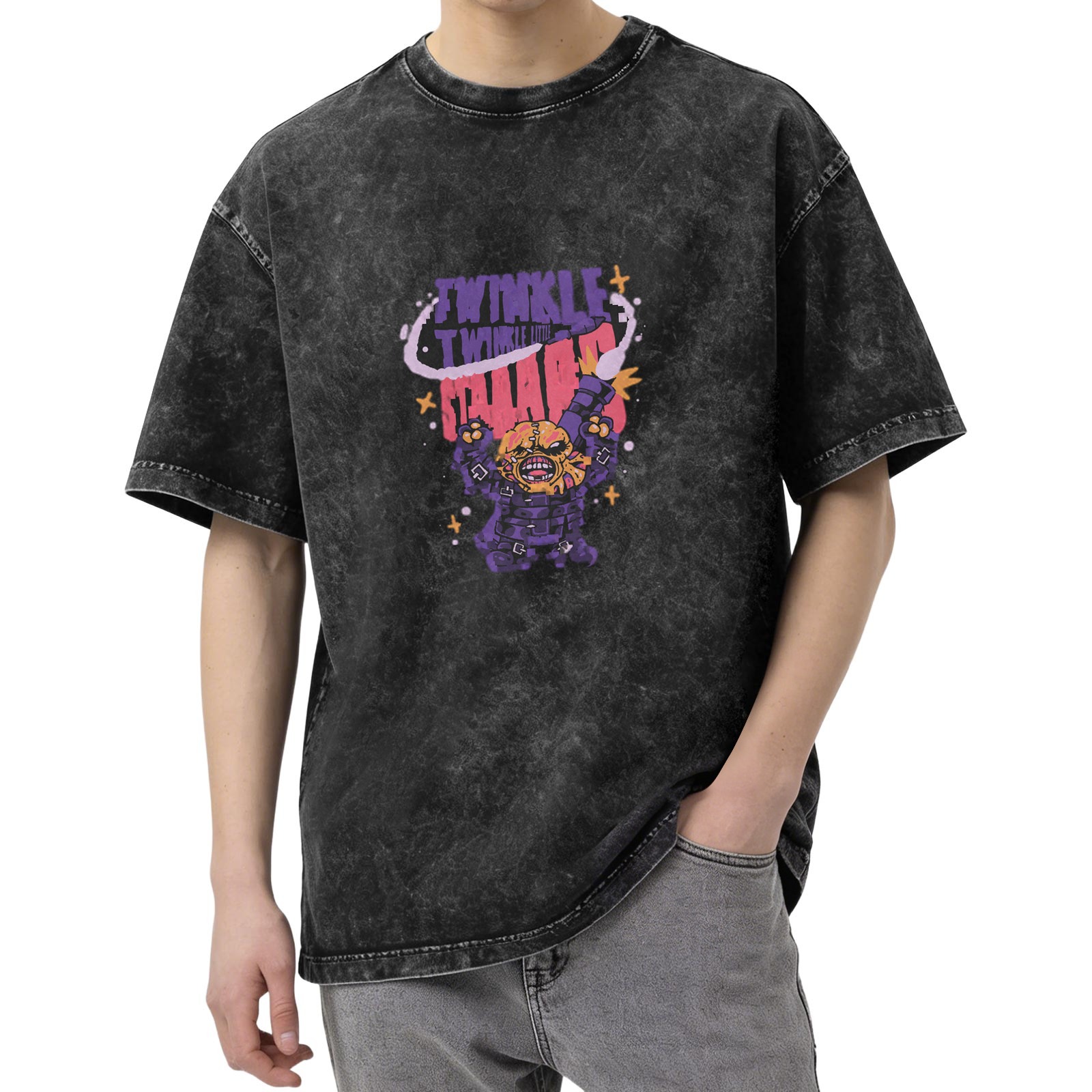 Washed black graphic t-shirt with Twinkle Twinkle Chaos monster print