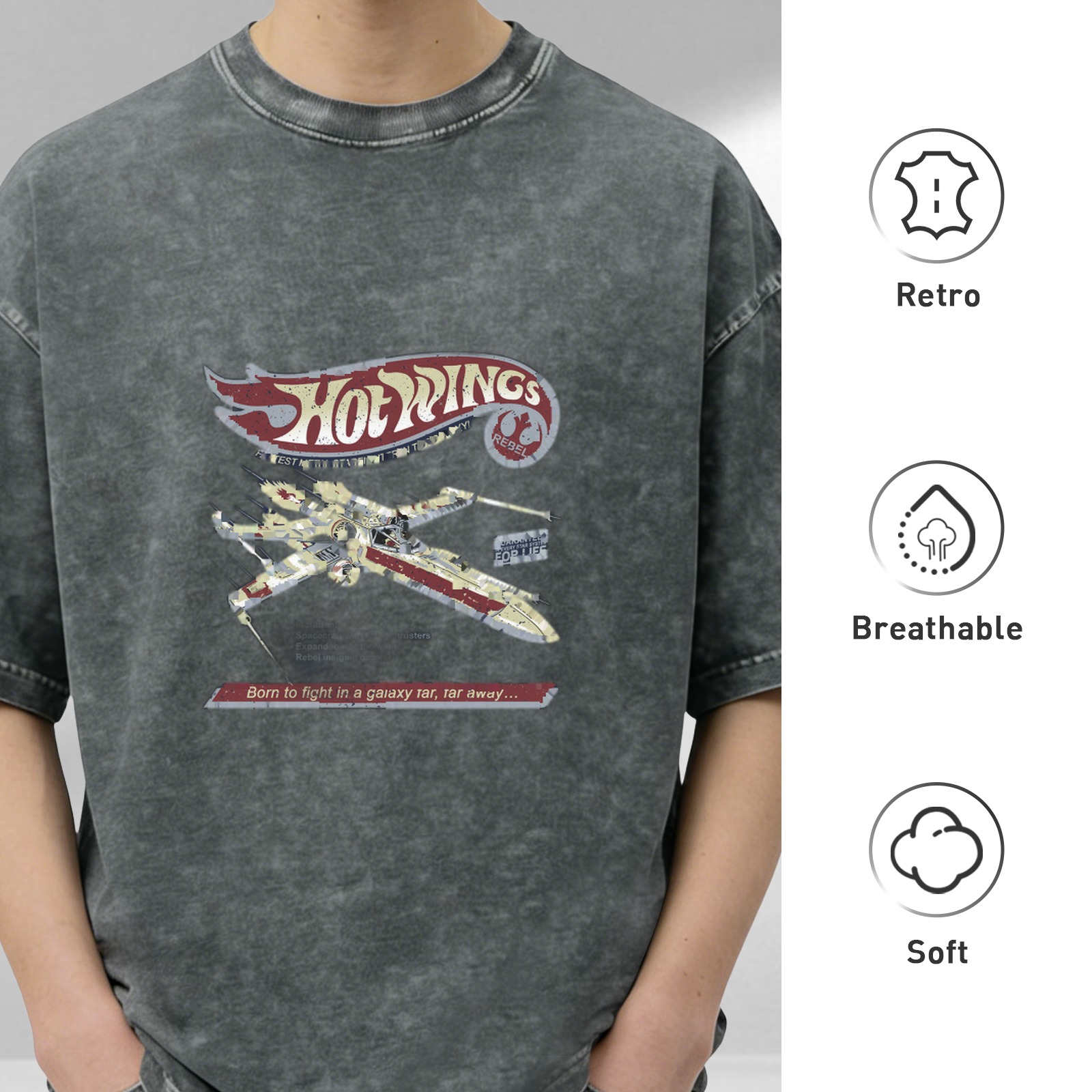 Vintage Wash 'Hot Wings' X-Wing Fighter Graphic T-Shirt - Star Wars Parody Design
