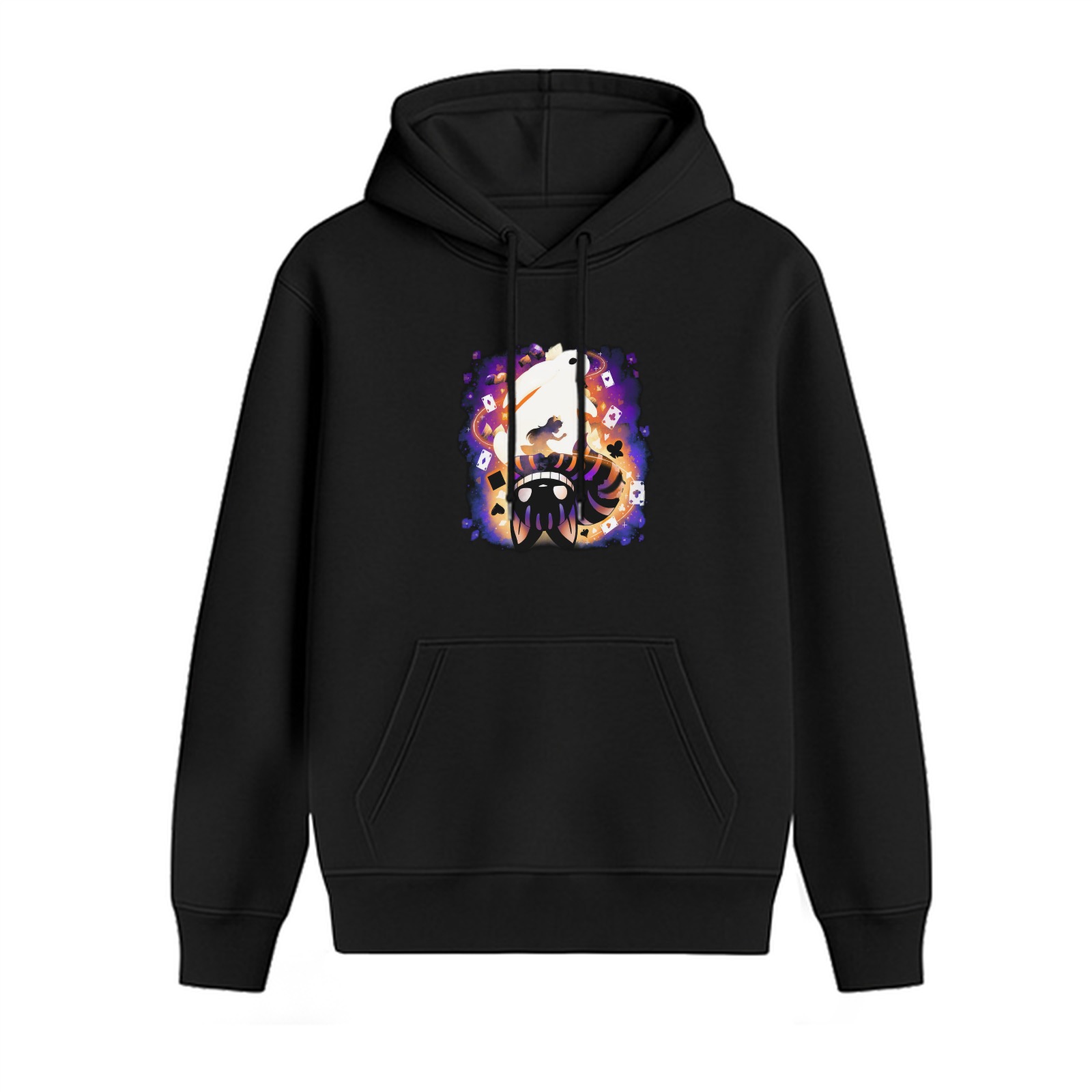 Black hoodie with whimsical glowing fantasy character graphic